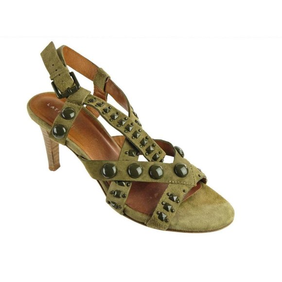 LATITUDE FEMME Sz 37 EU 6.5 US Strappy Heels Stilettos Suede Green Studded ITALY